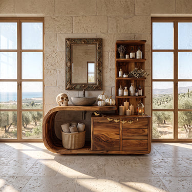 Asymmetrical Halloween Bathroom Vanity with Drawers and Tall Shelving For Guest Bathroom