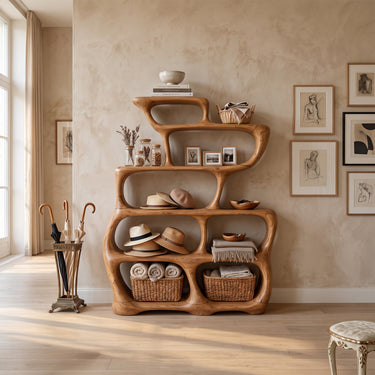 Modern Wooden Bookshelf With Organic Open Shelves For Living Room