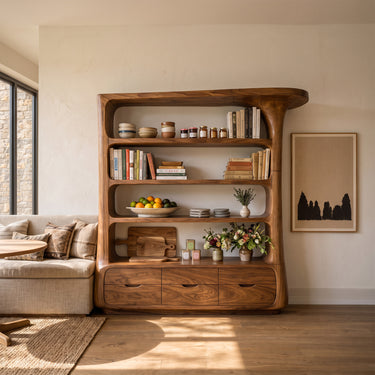 Modern Solid Wood Bookshelf With Three Open Display Shelves And Six Storage Drawers