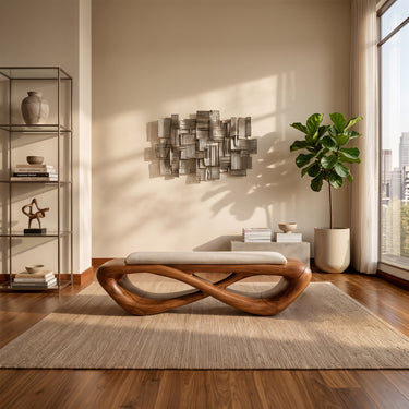 Sculptural Wood Bench With Cushioned Seat And Flowing Wave Base