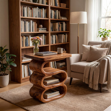 Natural Wood Side Table With Curved Open Shelves