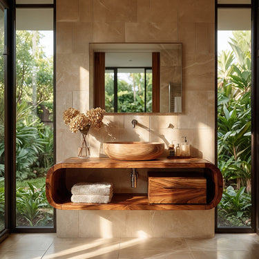 Sculpted Curved Solid Wood Floating Vanity with Drawer for Modern Bathroom