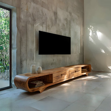 Curved Waterfall TV Console With Carved Drawer Fronts