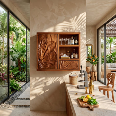 Natural Wood Bathroom Wall Cabinet With Leaf Carved Doors