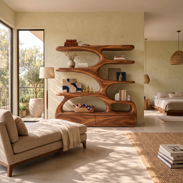 Wide Wood Bookshelf With Flowing Organic Shelves And Two Storage Drawers