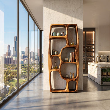 Natural Wood Display Bookshelf With Organic Open Niches