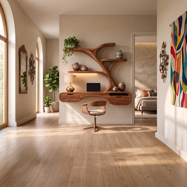 Modern Floating Desk With Two Drawers And Curved Open Shelving