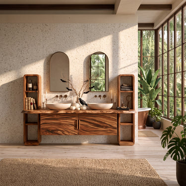Floating Double Sink Halloween Bathroom Vanity with Side Shelves For Large Bathroom