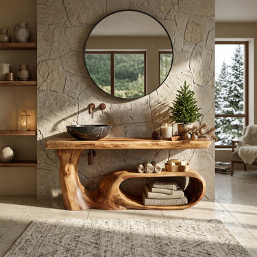 Organic Christmas Wood Bathroom Vanity with Curved Open Shelf For Bathroom