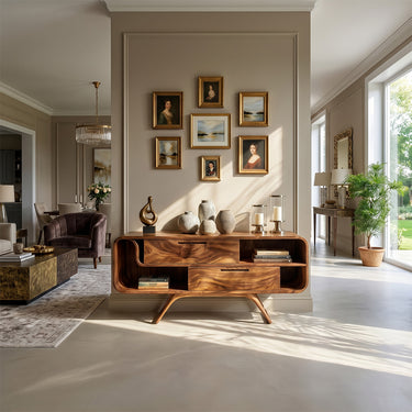 Curved Wood Sideboard with Floating Drawer and Open Shelf Design