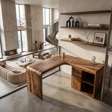 Natural Wood Desk With Waterfall Leg And Storage Cabinet
