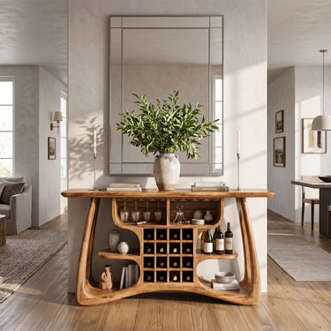 Natural Wood Console Table With Wine And Glass Storage
