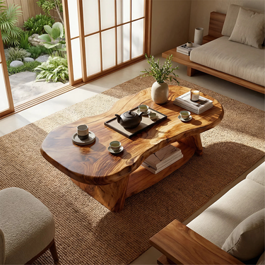 Live Edge Solid Wood Coffee Table Organic Shape Natural Wood Tea Table with Shelf