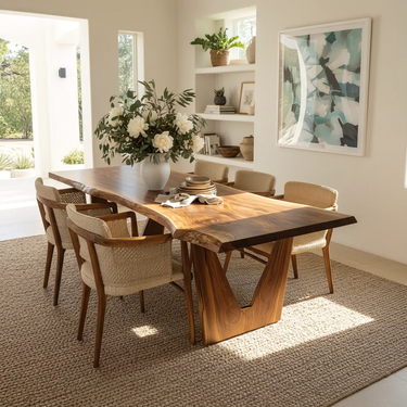 Live Edge Solid Wood Dining Table with Sculptural Trestle Base