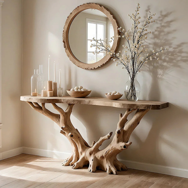 Driftwood Root Console Table Sculptural Solid Wood Entryway Furniture