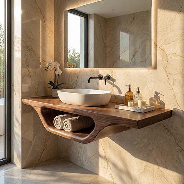 Floating Solid Wood Vanity Shelf with Sculpted Design for Modern Bathroom