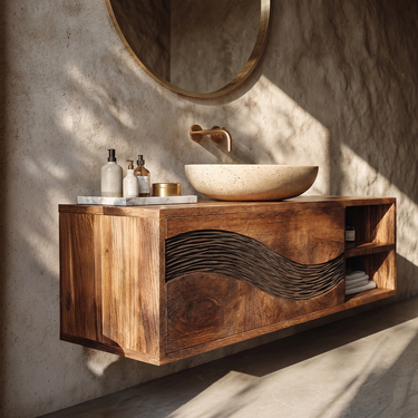Hand-Carved Wave Solid Wood Floating Vanity with Shelf for Modern Bathroom