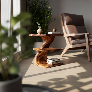 Layered Sculptural Wood Side Table with Open Base Shelf