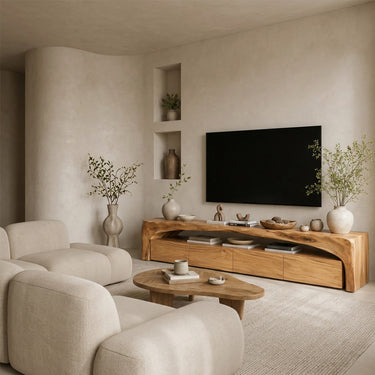Natural Wood TV Cabinet With Open Shelf And Drawer Storage