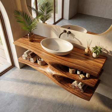 Sculptural Solid Wood Floating Vanity with Open Shelves for Modern Bathroom