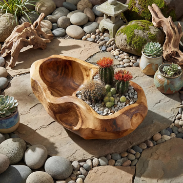 Natural Solid Wood Cactus Planter Bowl for Organic Garden Style