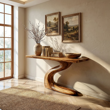 Organic Modern Entryway Console with Curved Wood Base