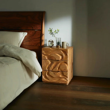 Textured Solid Wood Nightstand With Three Drawer Sculpted Front