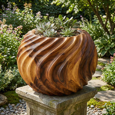 Sculptural Solid Wood Planter Vase for Modern Garden Decor