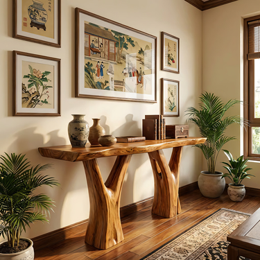 Natural Wood Console Table with Branch-Inspired Legs