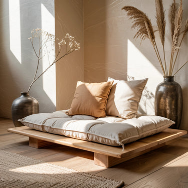 Low Platform Natural Wood Floor Seat with Tufted Cushion