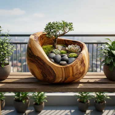 Hand Carved Solid Wood Bonsai Planter Bowl Natural Decor