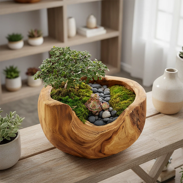 Solid Wood Bonsai Planter Bowl Hand Carved Natural Decor