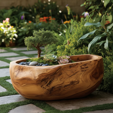 Large Solid Wood Bonsai Planter Bowl Hand Carved Garden Decor