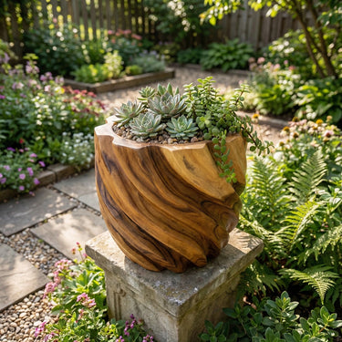 Hand-Carved Solid Wood Succulent Planter for Organic Garden Decor