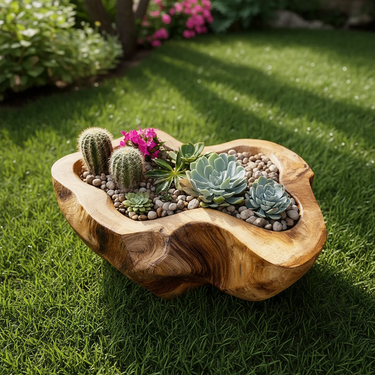 Hand Carved Solid Wood Succulent Planter Bowl Rustic Garden Decor