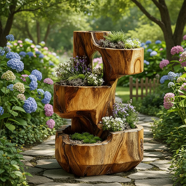 Vertical Solid Wood Planter Stand Hand Carved Garden Sculpture