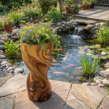Tall Sculptural Solid Wood Planter for Elegant Garden Accents