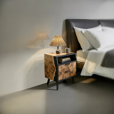 Modern Nightstand With Drawer Storage and Open Shelf in Natural Wood