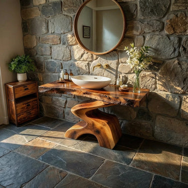 Live Edge Solid Wood Vanity with Sculptural Base for Spa Bathroom