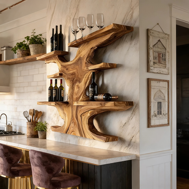 Live Edge Solid Wood Wine Rack Wall Shelf  Sculptural Floating Bar Display