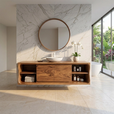 Minimalist Solid Wood Floating Vanity with Dual Open Shelving