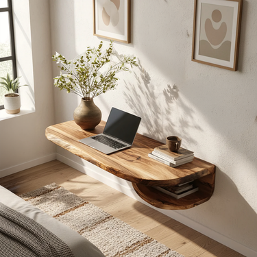 Curved Live Edge Solid Wood Floating Desk with Built-In Shelf