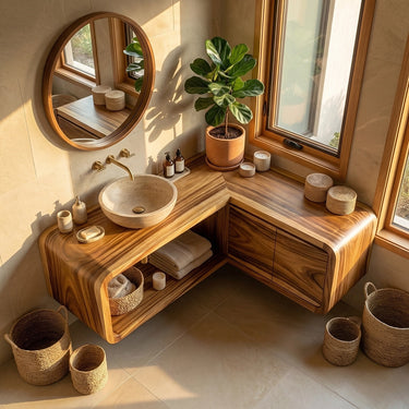 Curved Solid Wood Bathroom Vanity with Floating Storage Design