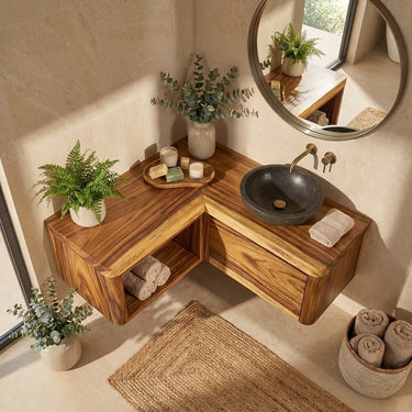 Corner Solid Wood Floating Vanity with Integrated Storage Design