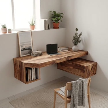 Corner Solid Wood Floating Desk with Drawer and Wall Shelf