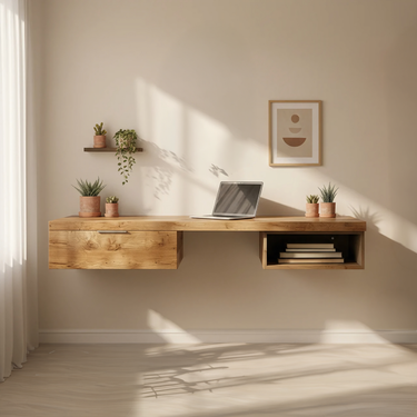 Minimalist Solid Wood Floating Corner Desk with Shelf and Storage
