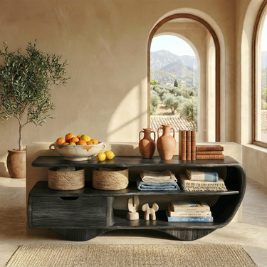 Curved Open Shelf Sideboard with Sliding Door Storage