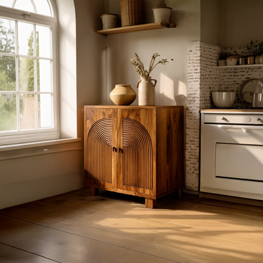 Arched Slat Wood Cabinet with Double Door Storage Design
