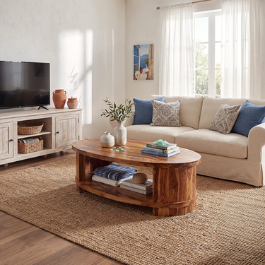 Oval Coffee Table with Curved Frame and Open Storage Shelf