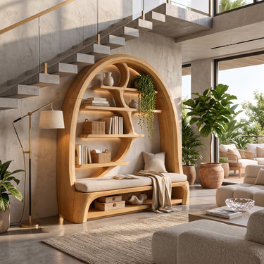 Natural Wood Arch Bookcase With Built In Reading Bench